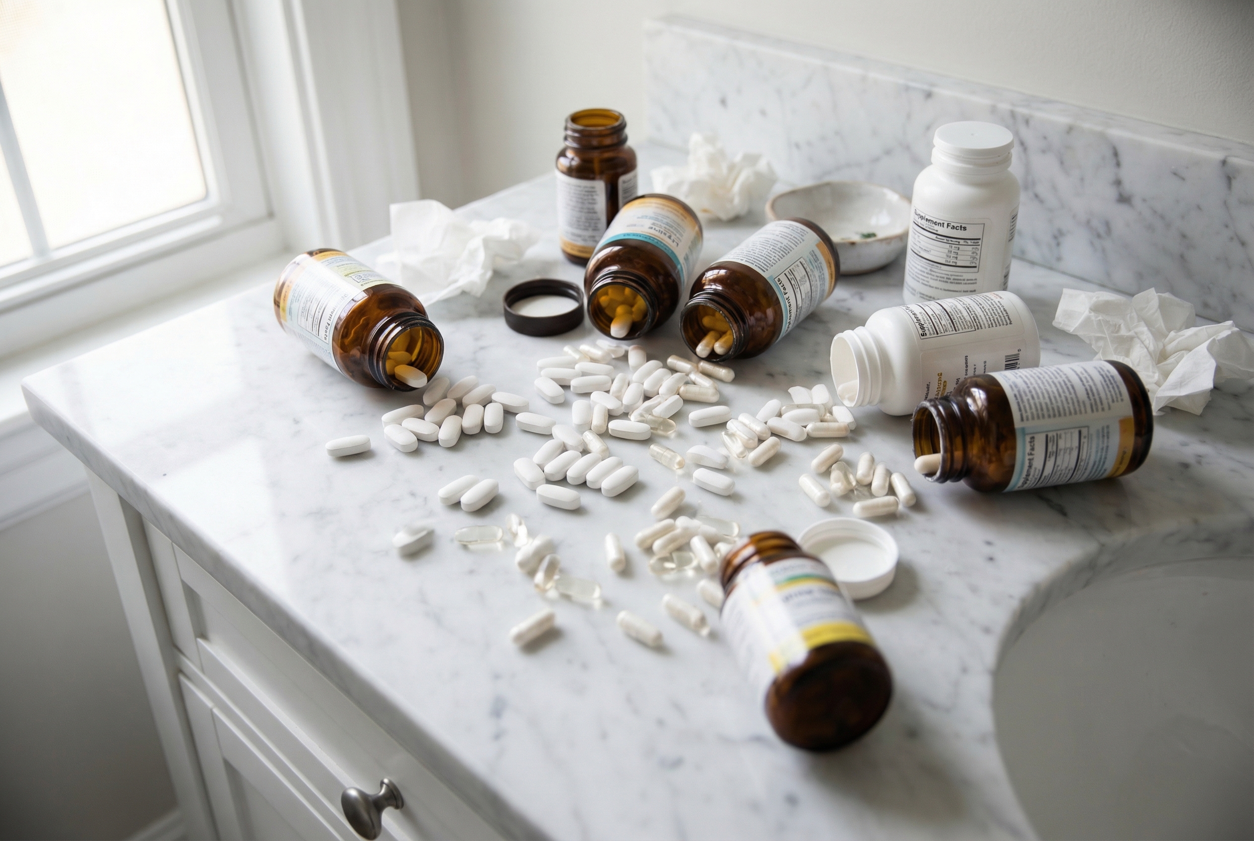 Scattered lysine pills and supplement bottles on bathroom counter