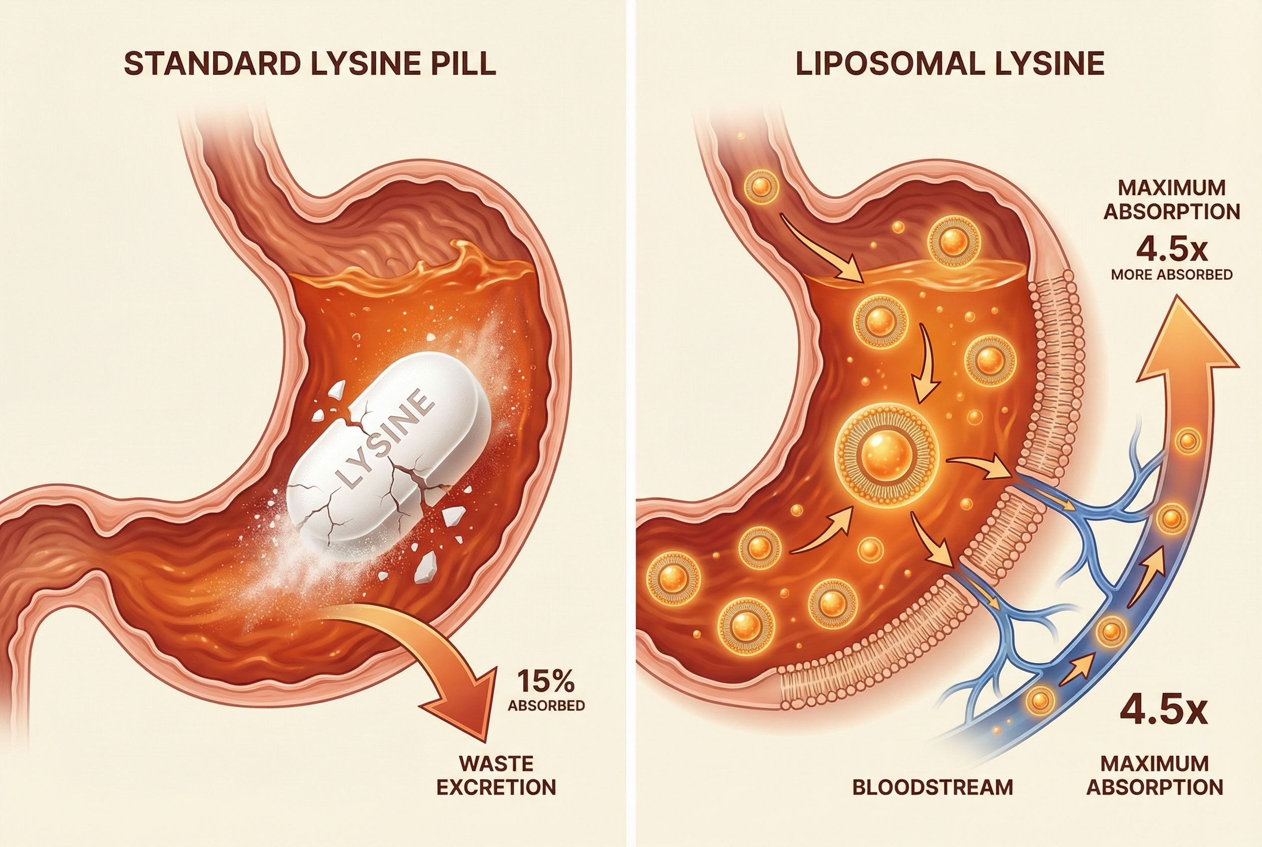Diagram showing standard pill dissolving in stomach acid vs liposomal delivery passing through intact