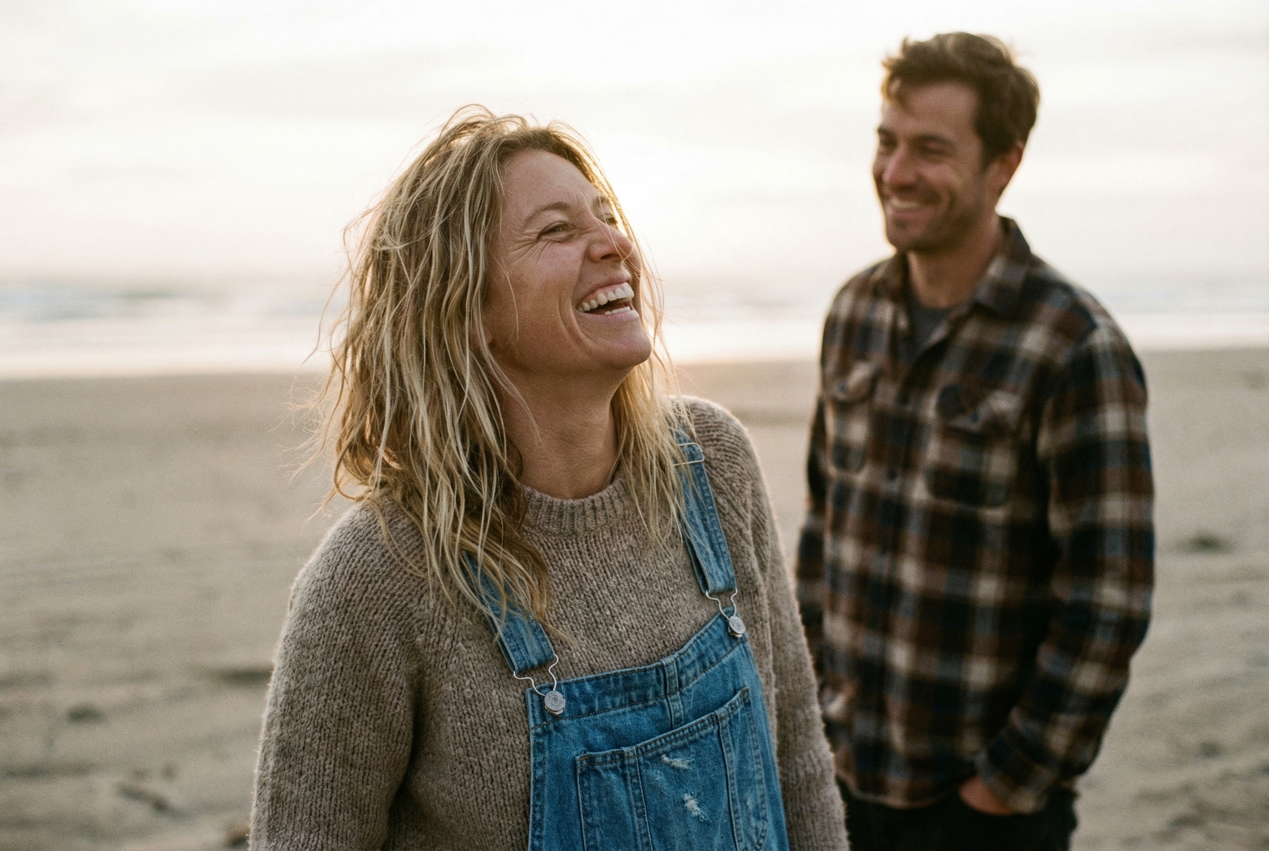 Kate laughing on the beach with her boyfriend