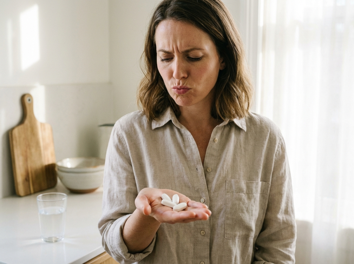 Woman looking skeptically at pills in her hand