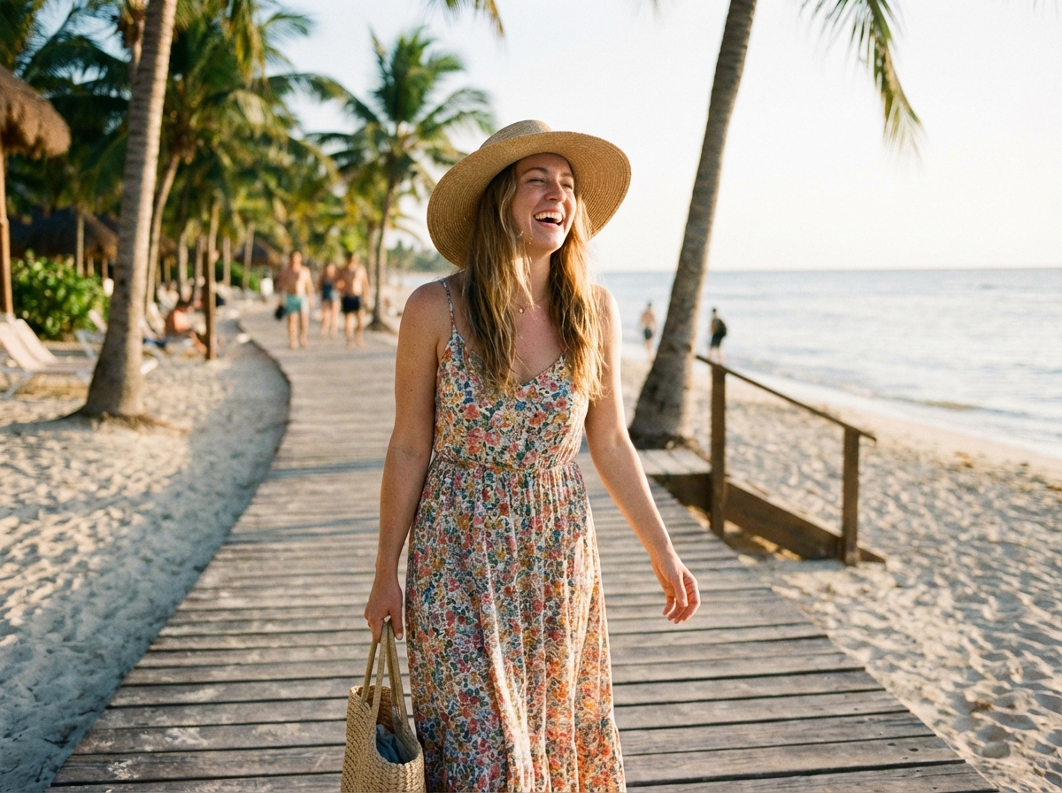 Woman on beach vacation in sundress and sunhat
