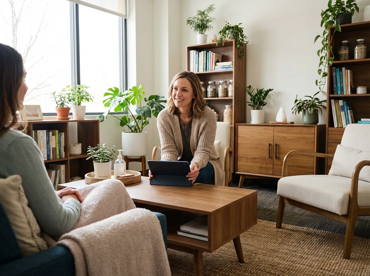 Functional medicine doctor in warm office with patient