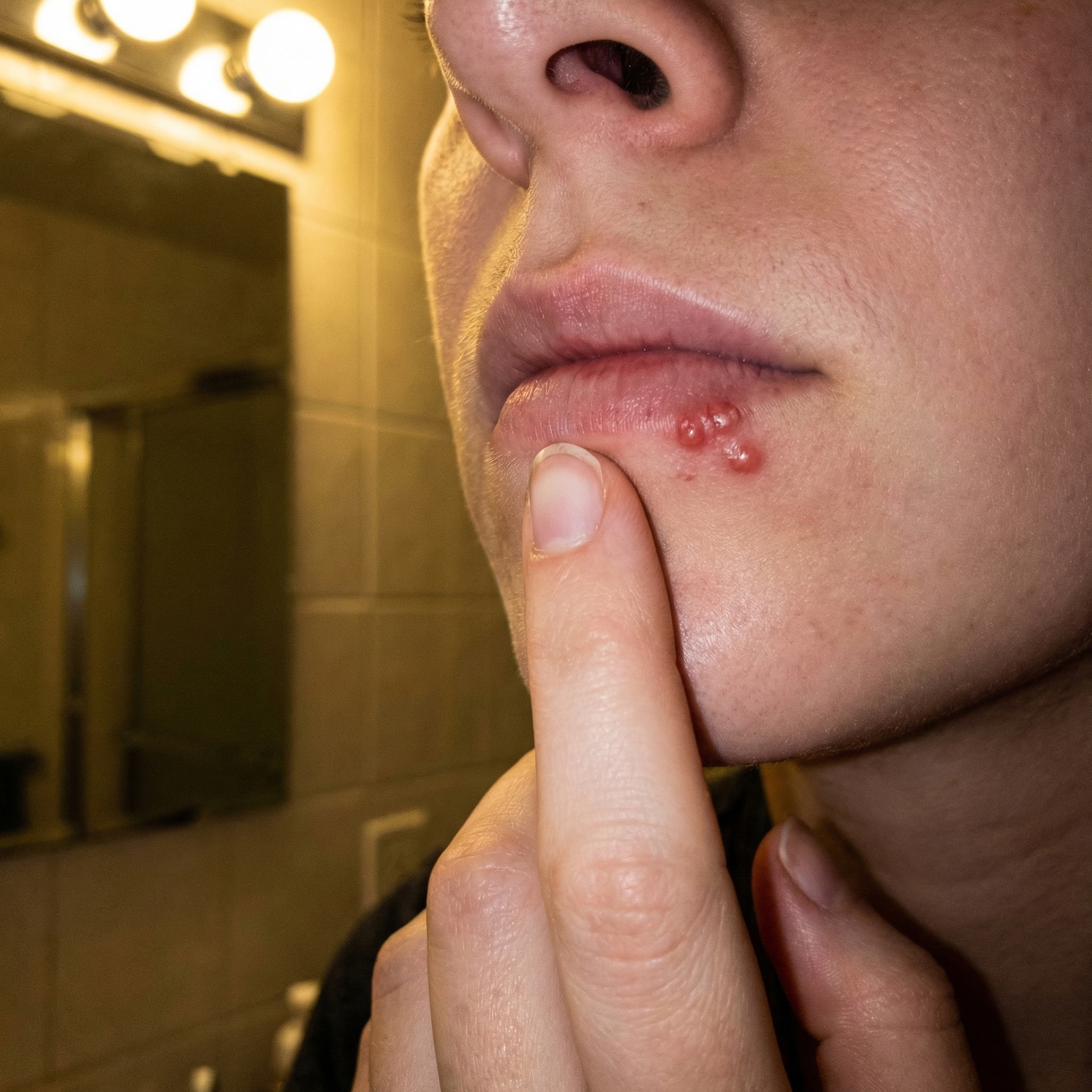 Close-up of cold sore outbreak on lip